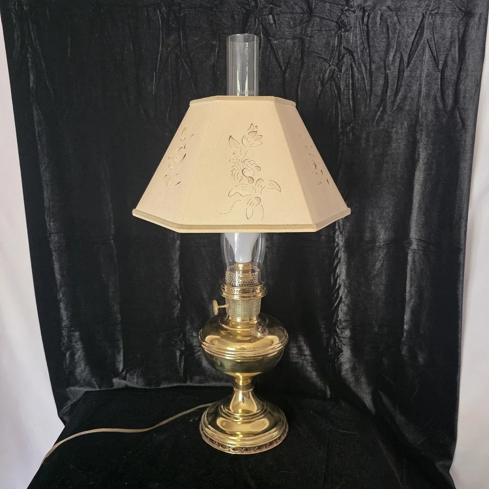 VTG Aladdin 12 Brass Oil to Electric Lamp, Lox-on Chimney & Cut-out Floral Shade